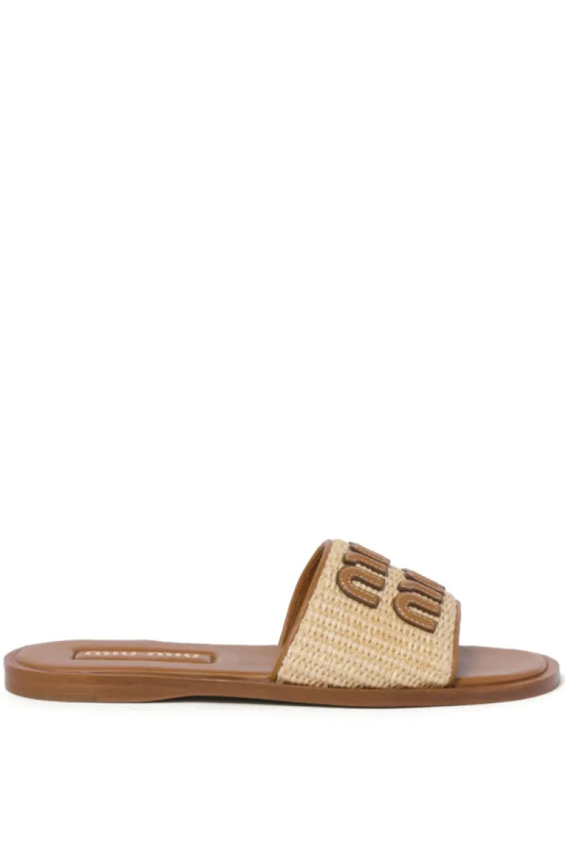 Miu Miu Raffia-effect woven Beig slides
