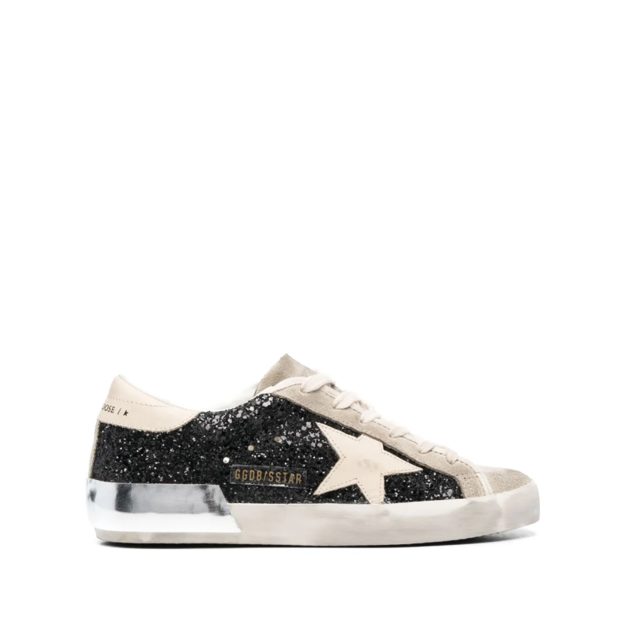 Golden Goose Super-Star in black glitter cream star suede inserts